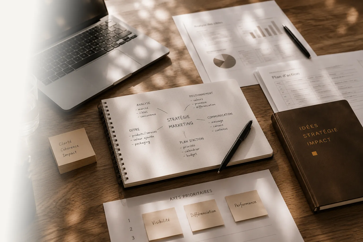 Élaboration d'une stratégie marketing avec analyse, positionnement, plan d'action et suivi des performances.