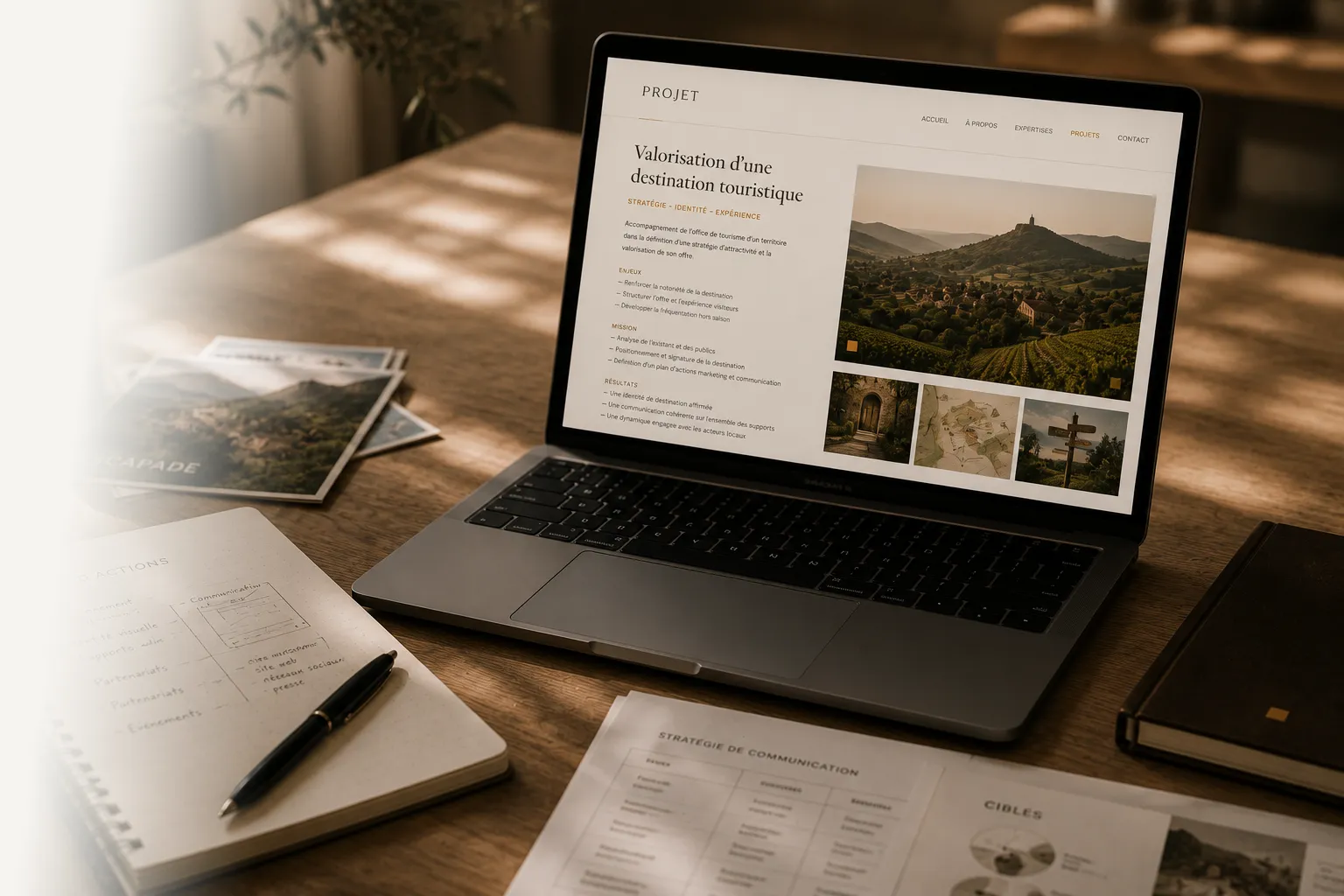 Présentation d'une réalisation sur un site internet mettant en valeur une démarche en stratégie marketing et communication.