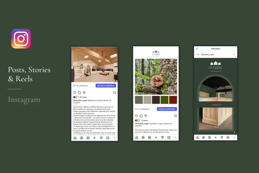 Création de contenus Instagram avec des publications, stories et reels pour développer la visibilité d'une agence de design d'intérieur.