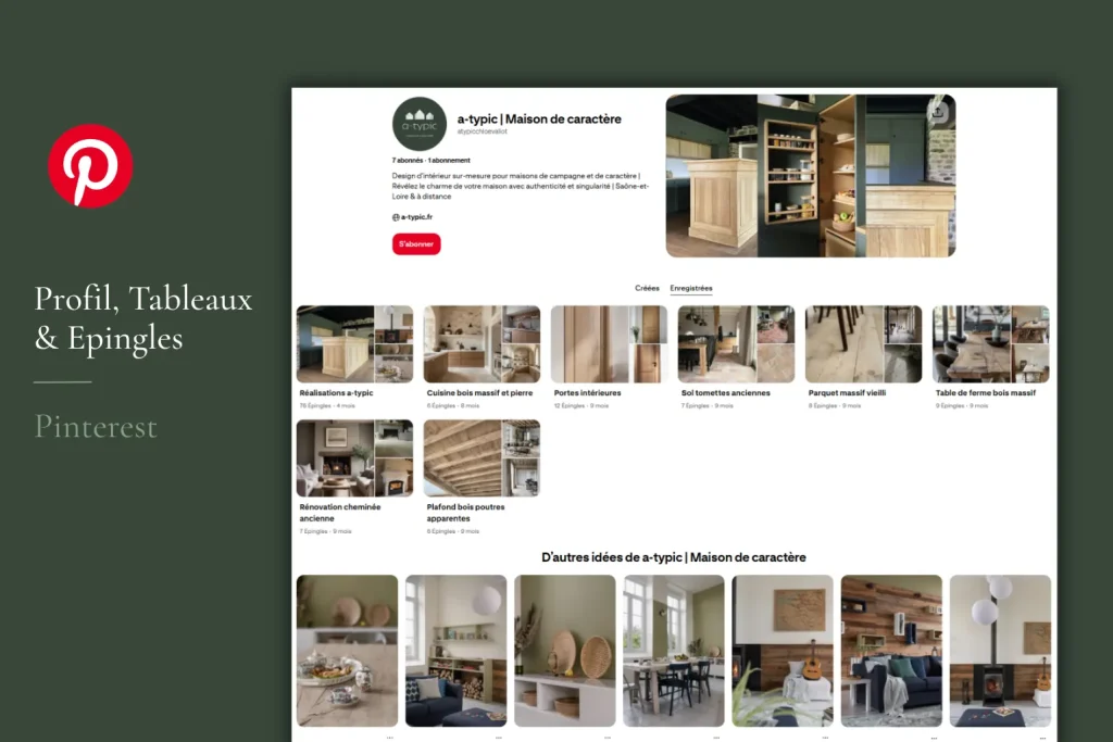 Création et optimisation d'un compte Pinterest pour développer la visibilité et le référencement d'une agence de design d'intérieur.