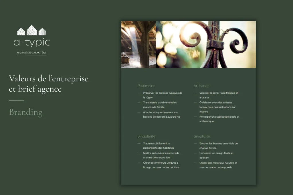 Présentation des valeurs de l'entreprise et du positionnement de marque dans un document de branding pour un studio de design d'intérieur.